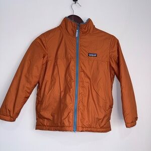 PATAGONIA Youth Boys Small 7-8 Orange Blue Fuzzy Reversible Full Zip Jacket R2